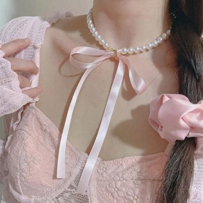 Pearls Pink Bow Necklace Korean Style Balletcore Choker Sweet Bowknot Pendant Choker  Birthday Gift
