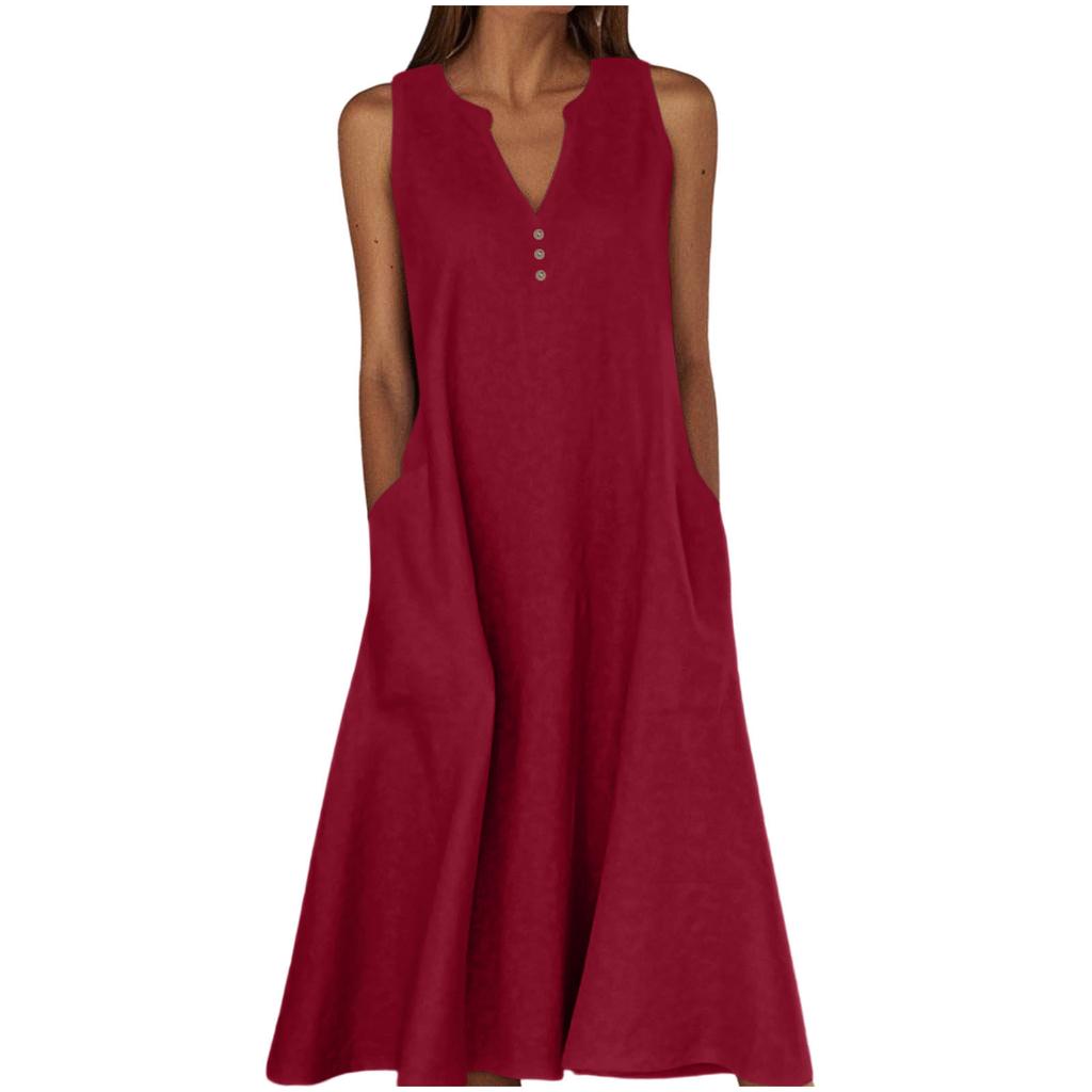 Women's Sleeveless V-Neck Button Front A-Line Dress with Side Pockets in Multiple Colors