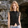 Women Tops Stand Collar Sleeveless Knot Button Short Tops Embroidery Lace Perspective Blouse Streetwear