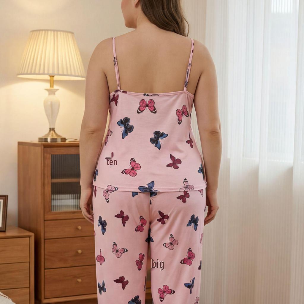 Women's Plus Size Butterfly Print Pajama Set: Sleeveless Camisole & Long Pants
