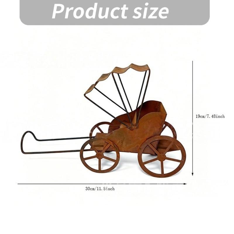 Metal Flower Pot Cart With Pull Handle and Wheel Frame, Aged Rickshaw Holder for Balcony Entry Corner, Porch and Home Garden Display