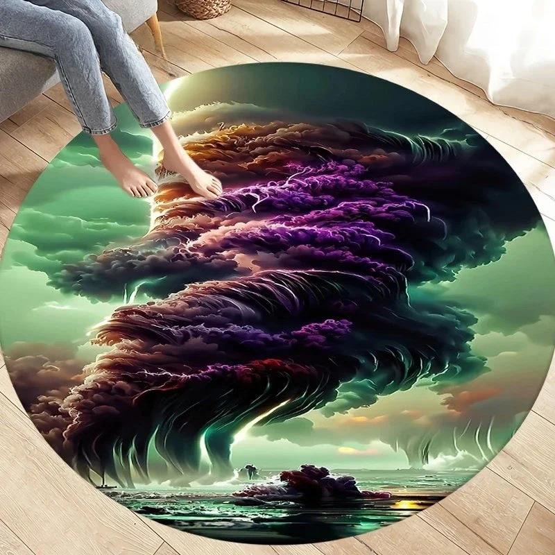 Natural Disaster Round Carpet Fantasy Tornado Cloud Print Area Rug for Living Room Kitchen Bedroom Sofa Decor Non-slip Floor Mat