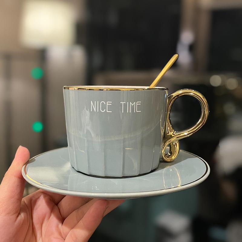 Nordic Light Luxury Designer Coffee Cup with Gold-painted High Value Office Ceramic Cup and Saucer with Spoon