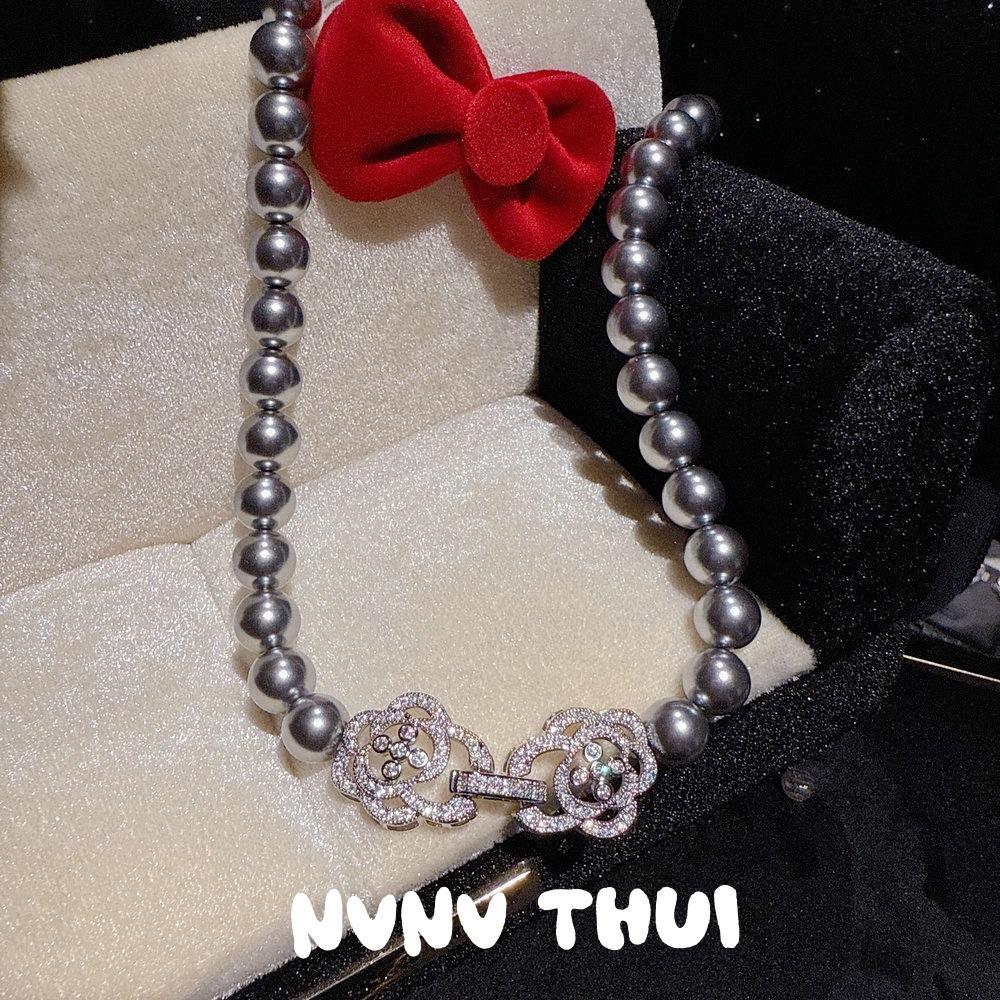Platinum Grey Pearl Camellia Gemstone Necklace, Banquet Haute Couture Flower Bead Ring Vintage Necklace