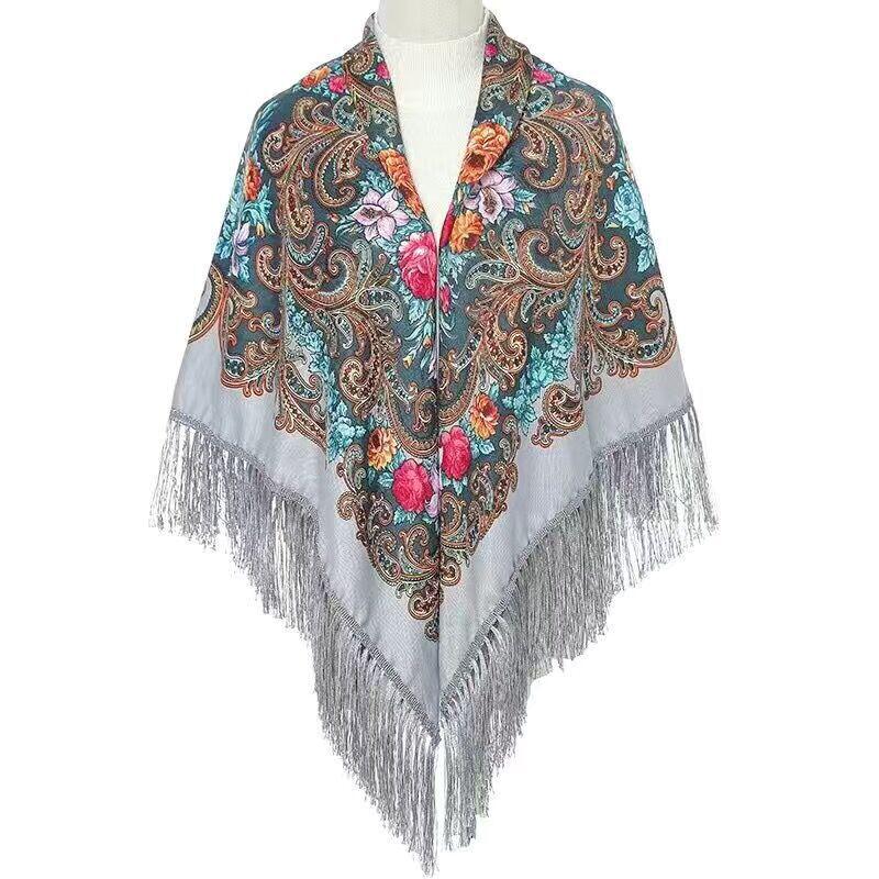 Ethnic Russian Print Tassel Shawl & Cardigan Scarf - High-End Dual-Use Square Design
