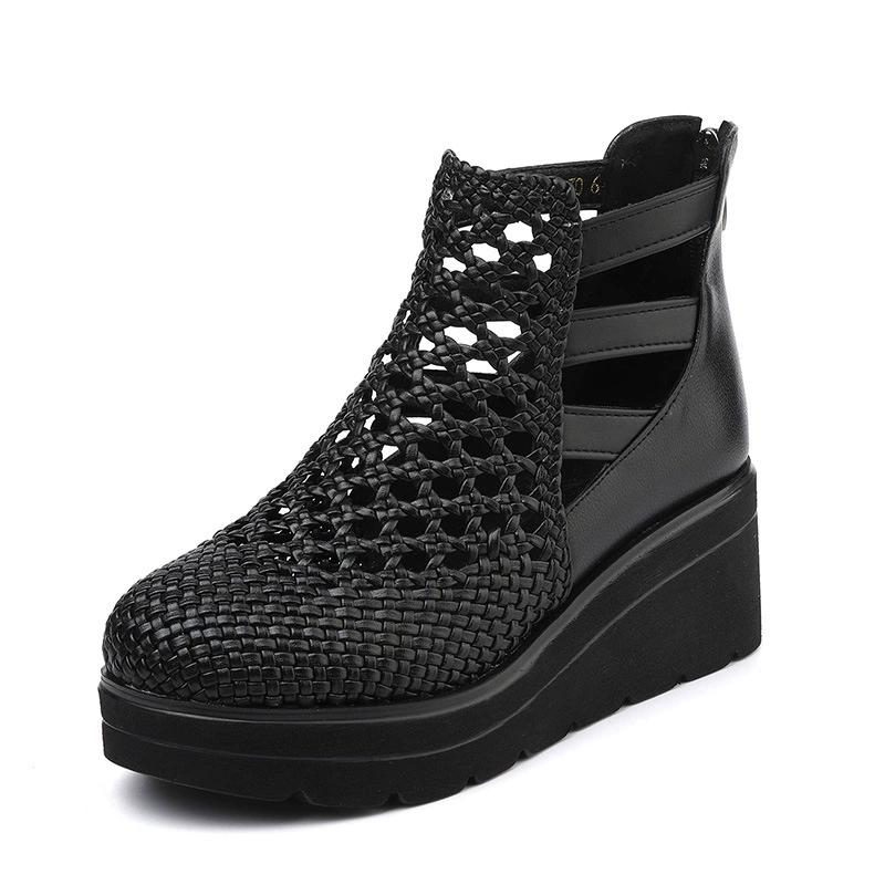 

Fashion GKTINOO Summer Hollow Breathable Short Boots for Women Comfortable Wedges Platform Woven Sandals Height Increasing Cool Boots 34