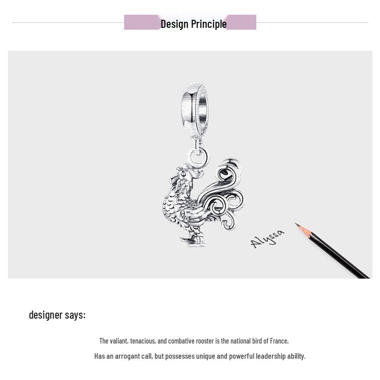S925 Silver Rooster Pendant for DIY European & American Beaded Bracelets SCC1337