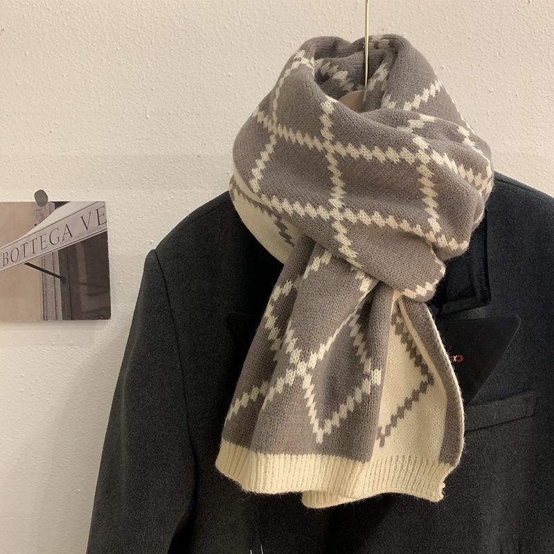 Scarf for Girls New Winter Double Sided Versatile High-end Warm and Thickened Wool Knitted Plaid Scarf Trendy