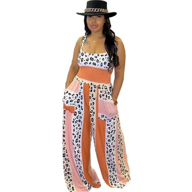 Сексуальный эластичный плиссированный комбинезон с леопардовым принтом на бретельках S