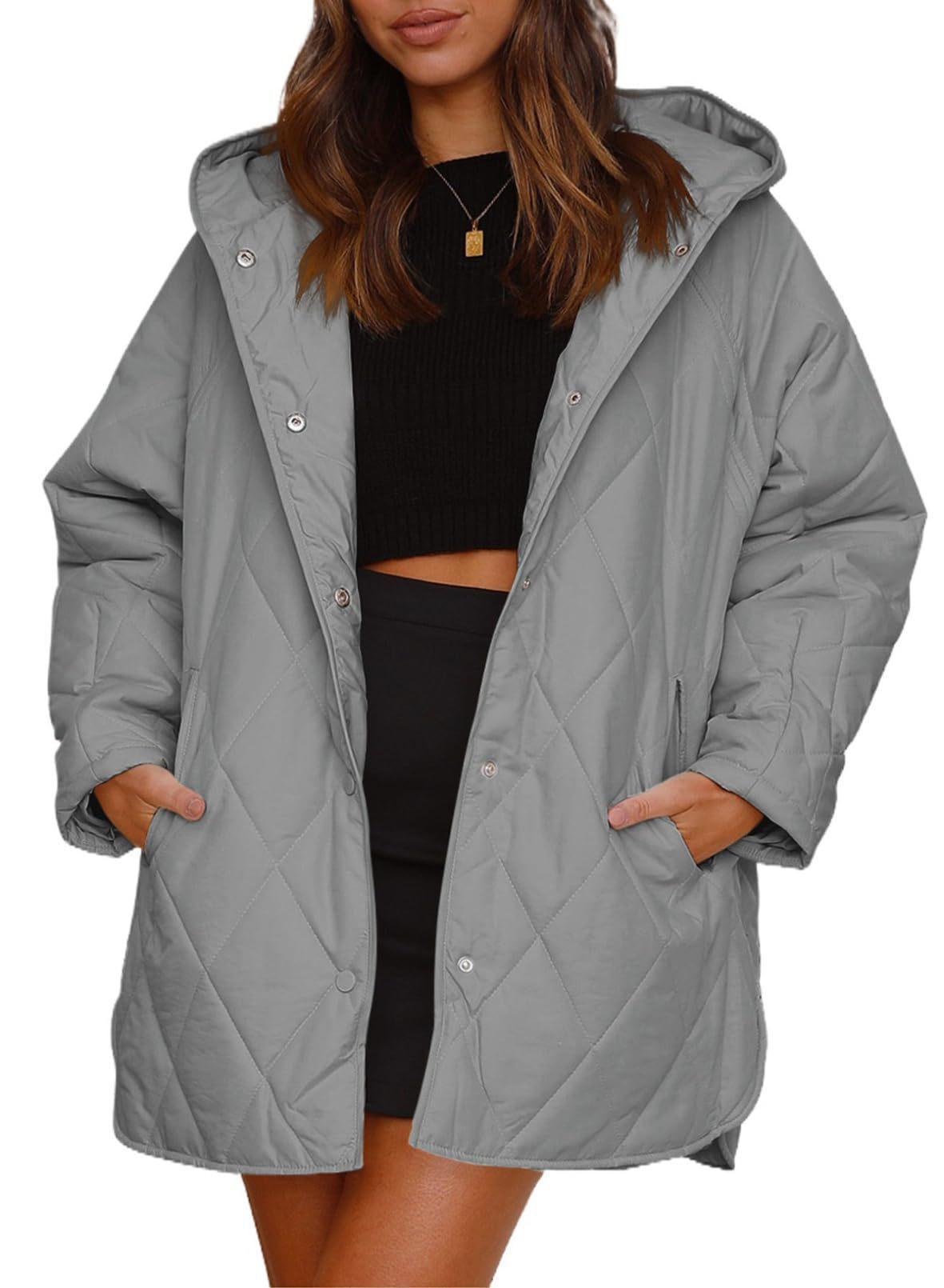 Women Diamond Quilted Hooded Jacket, Winter Lightweight Casual Outerwear Coat S серый