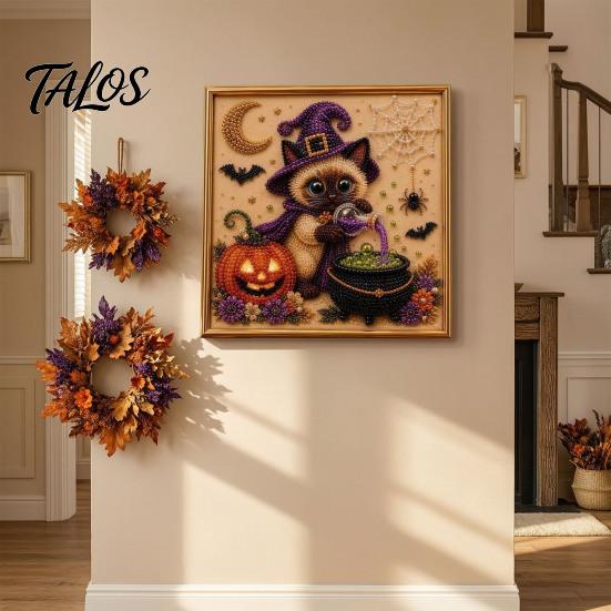 Decorative Hanging Pictures for Halloween Ghost Faux Pearl Art DIY Kit with Frame, Cat Painting Easy Projects Beginners Kit, 3D Witch Pumpkin