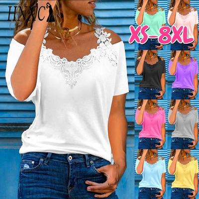 HNXC Women's Fashion Casual Solid Color Print Short Sleeve V Neck Blouses & Shirts