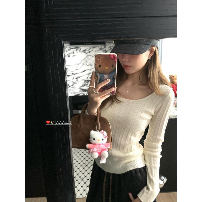 Simple temperament Slim-fit neck knitted sweater top women's clothing early autumn wear tight and thin inner base long-sleeved shirt