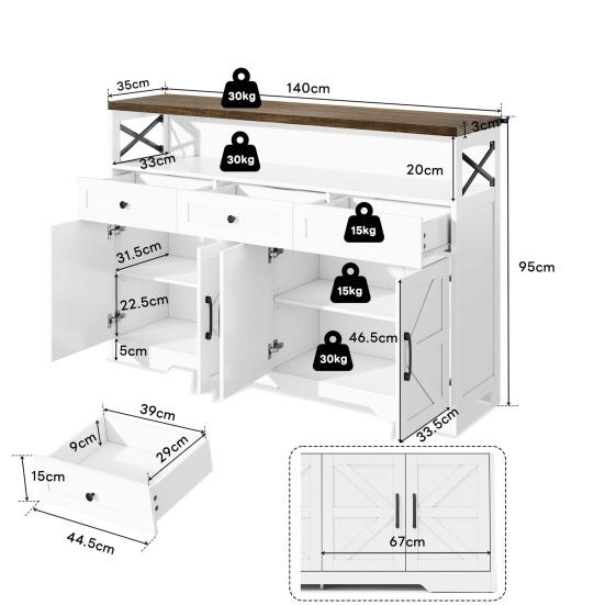 Buffet Sideboard 140cm with Storage Space, Coffee Bar with 3 Drawers, Country Style Console with Doors, Cupboards with Shelves, Suitable for Kitchen,