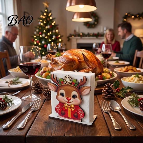 Rustic Farmhouse Napkin Holder Wooden Christmas Holder, Gingerbread Man And Deer Design, Holiday Party Countertop Organizer Decorative Vertical Paper