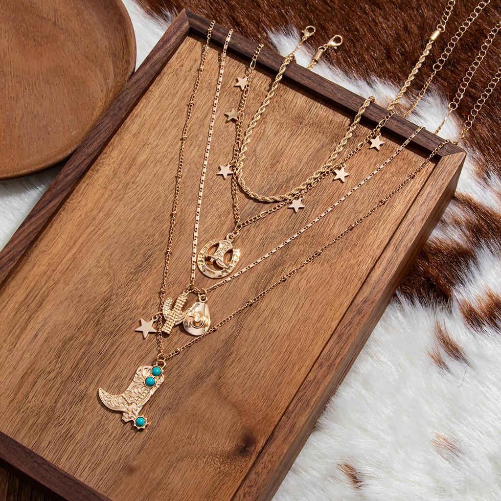 Western Cowboy Love Flower Disc Metal Necklace Vintage Stacked Turquoise Star Pendant Necklace