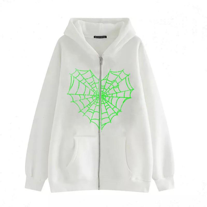Colorful Spider Web Print Zip Up Hoodie Loose Fit Streetwear Y2K Couple Outerwear