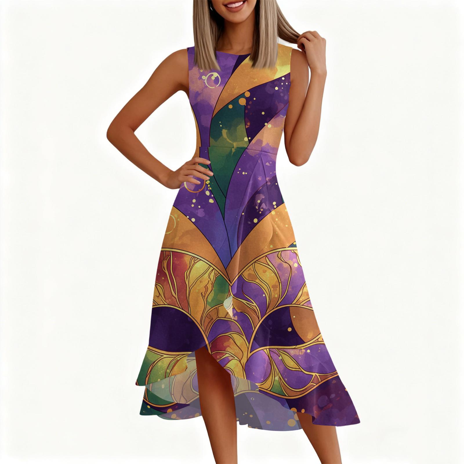 

Женское модное повседневное платье без рукавов с круглым вырезом, принтом, оборками и молнией XL фиолетовый