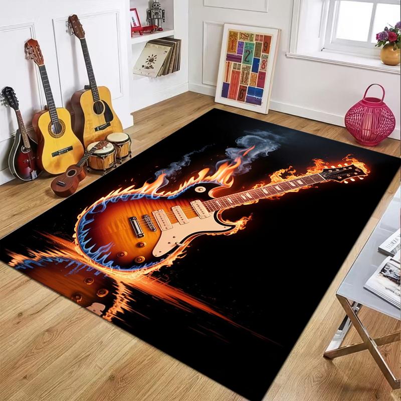3D Flame Guitar Rug Electric & Acoustic Non-slip Washable Floor Mat for Living Room Bedroom Music Studio Decor