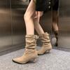 Fashion Mid Heels Women's Pointed Toe Ankle Boots Fashion Suede Buckle Shoes 2025 Winter New Chelsea Short Boots Cool Pumps Zapatillas