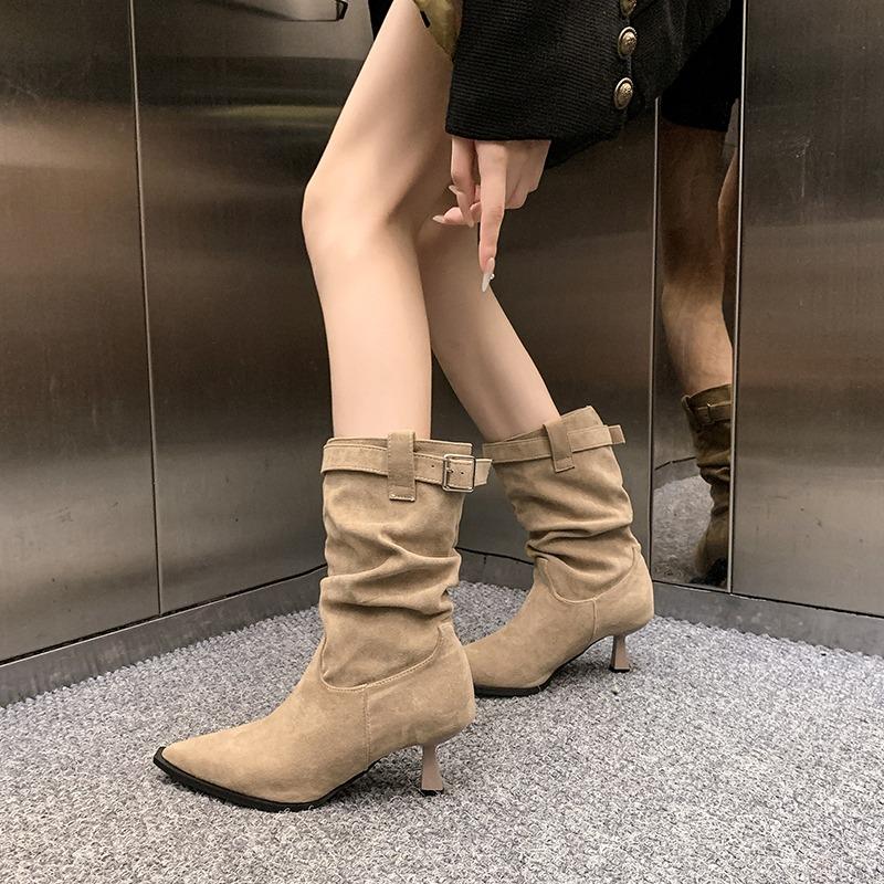 Fashion Mid Heels Women's Pointed Toe Ankle Boots Fashion Suede Buckle Shoes 2025 Winter New Chelsea Short Boots Cool Pumps Zapatillas