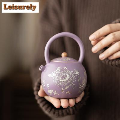 250ML Purple Ru Porcelain Gild Silver Peony Teapot Retro Tea Infuser Lifting Handle Pot Tea Maker Kettle With Strainer Teaset