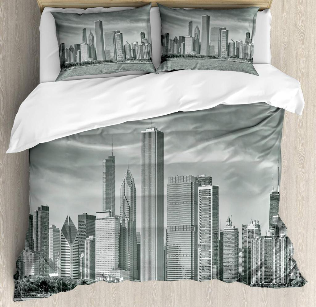 Skyline Duvet Cover Set for Adults Queen King Lightweight Quilt Cover with 2 Pillowcases City Buildings Bedding Set No Comforter