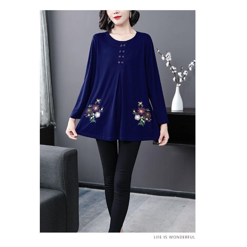 Nueva Camiseta Retro Bordada para Mujer Holgada de Manga Larga de Largo Medio Adelgazante Top Base