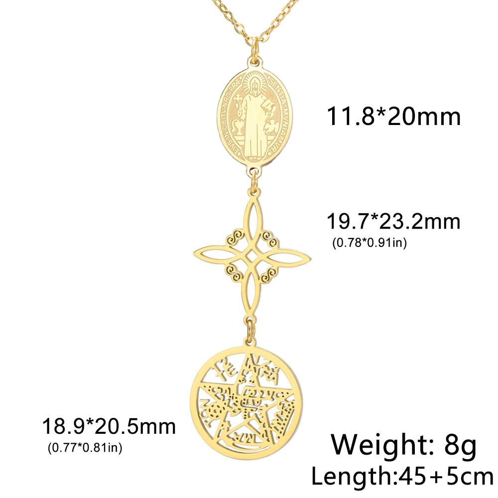 Triple Protection Necklace St. Benedict Witch Knot Pentagram Tetragrammaton Stainless Steel Double-side Jewerly