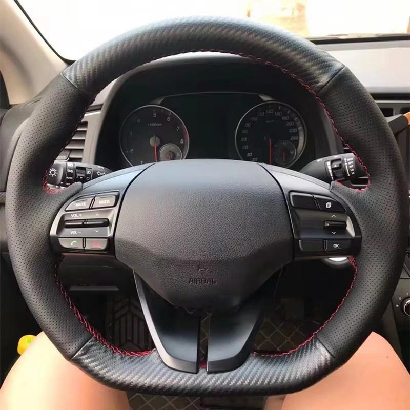 

For Hyundai Veloster Elantra i30 2017- DIY Hand-sewing Black Carbon Fiber Leather Car Steering Wheel Cover Gray Thread