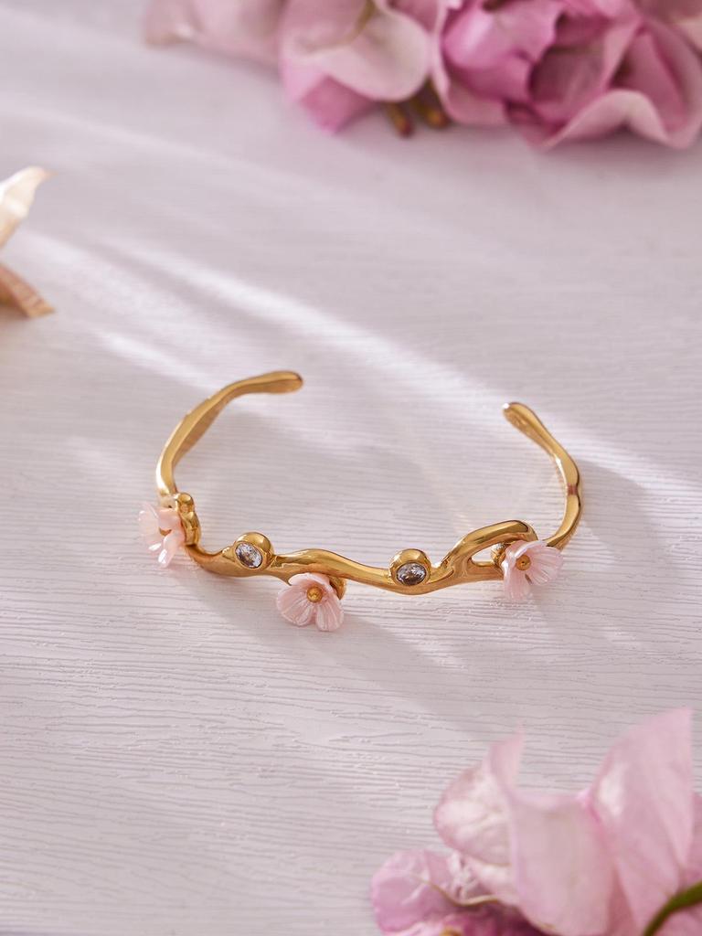 18K Gold-Plated Stainless Steel Zirconia Flower C-Shaped Open Bangle
