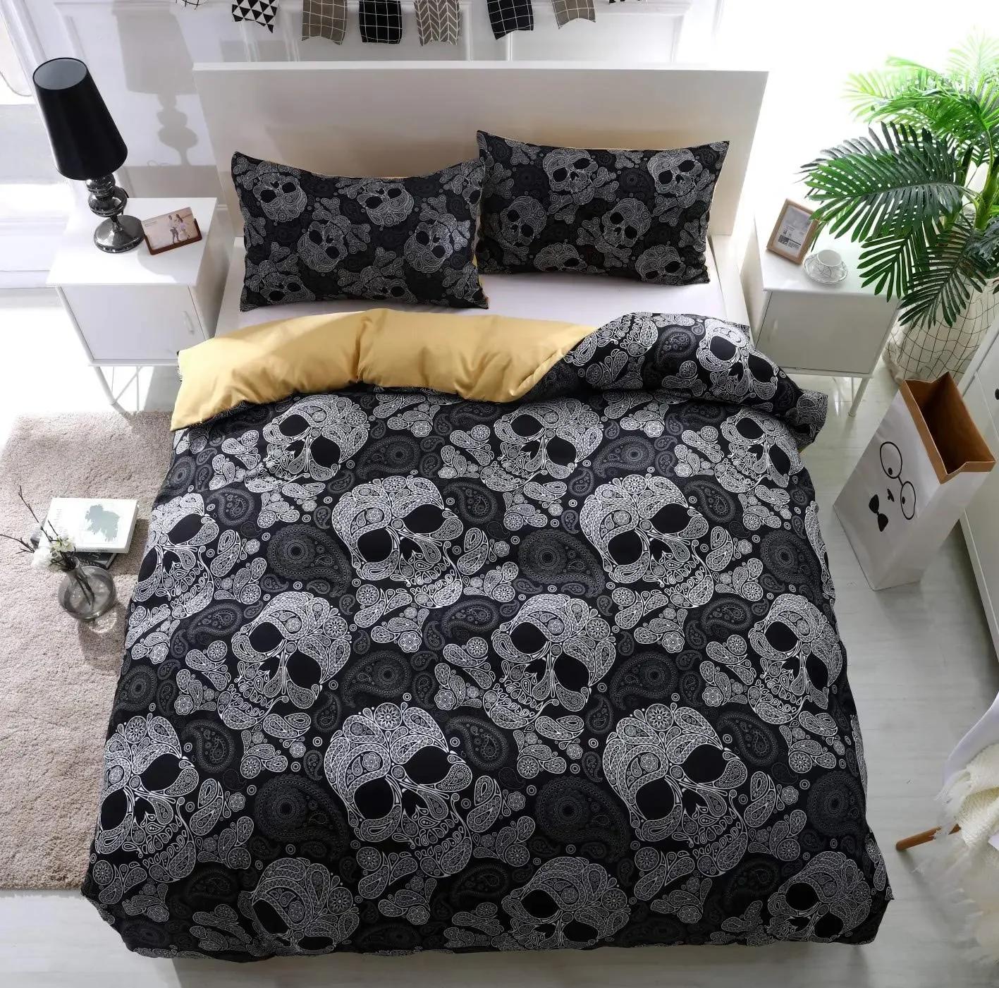 

Skull Duvet Cover Set Black And White Floral Skull Skeleton Bedding Set Microfiber Twin/Full/Queen/King Size Quilt Cover 3 Piece 70x133cm 2pcs