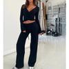 Solid Fleece Laced Long Sleeve Top High Waist Straight Casual Two Piece Set For Women