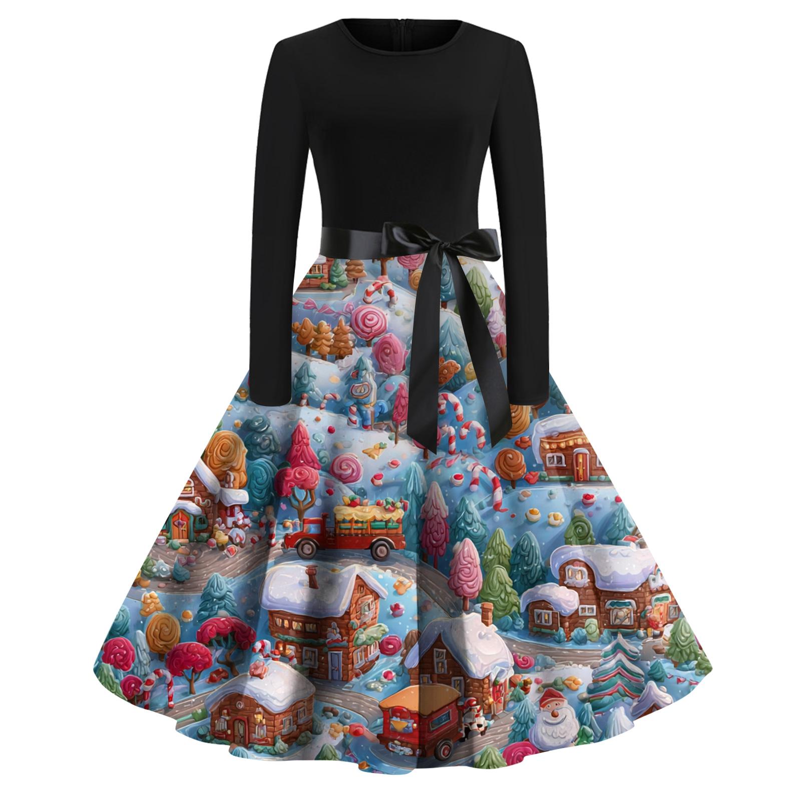 

Женское модное повседневное платье с круглым вырезом, рождественским принтом и длинными рукавами S