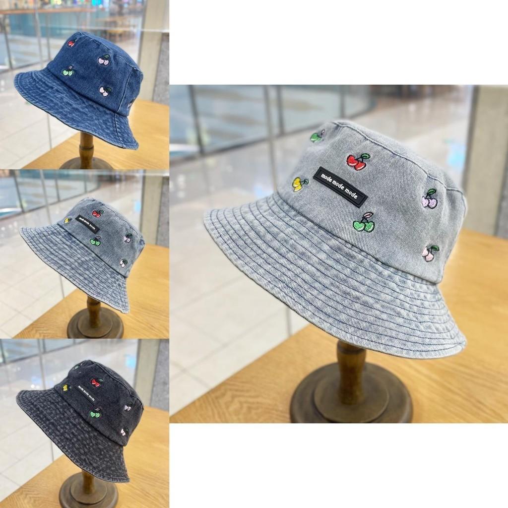 Cute Cherry Embroidery Denim Fisherman Hat Women's Fashion Street Casual Bucket Hat