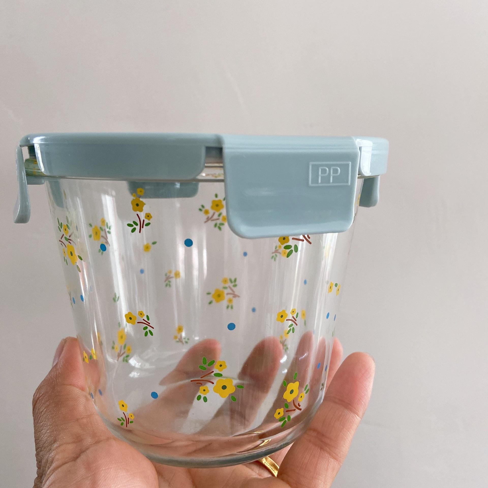 

Круглые миски для хранения в корейском стиле с цветочным принтом, термостойкая посуда из боросиликатного стекла, переносная симпатичная коробка для бэнто 5 inch синий