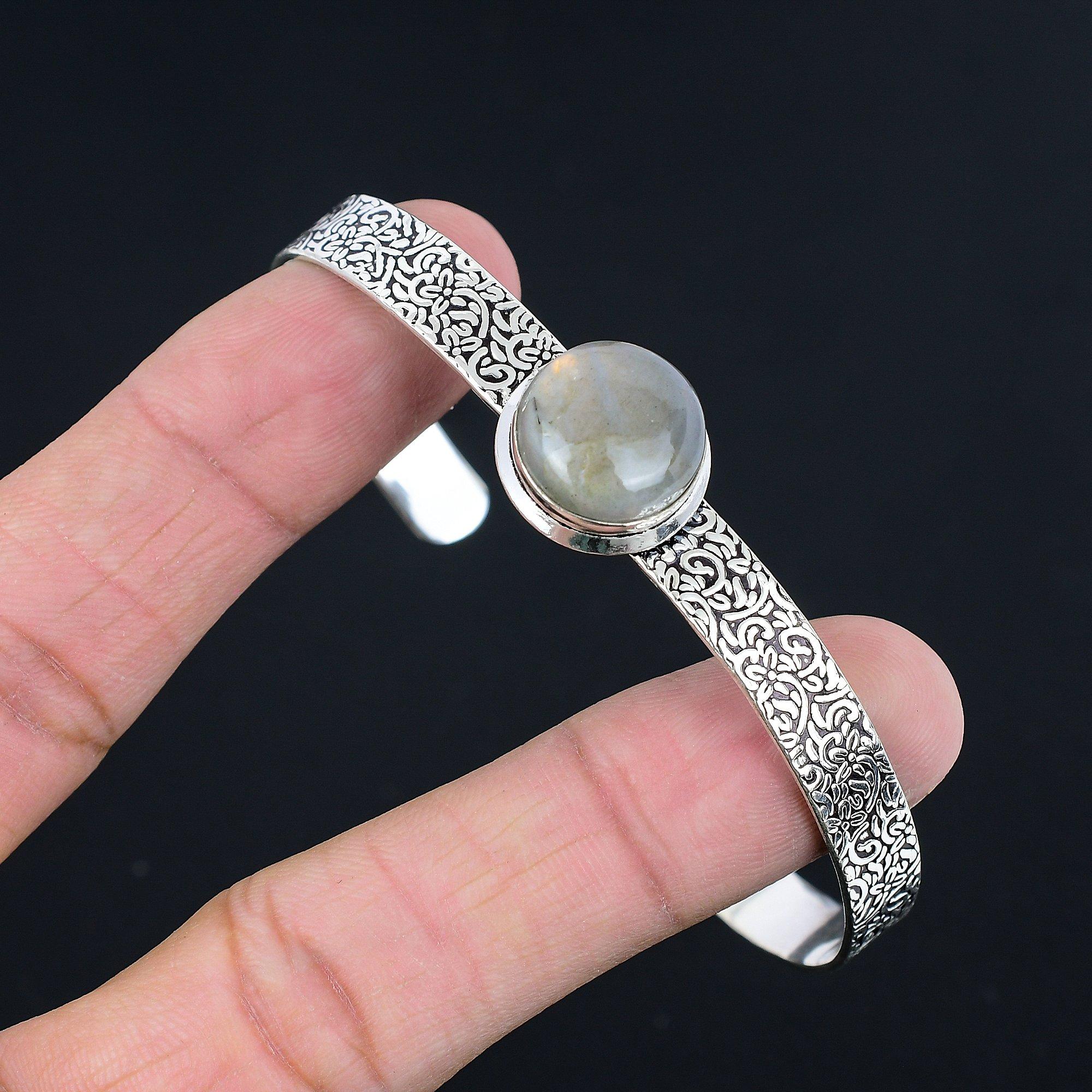 

925 Silver Third Eye Chakra Round Labradorite Gemstone Handmade Bangle Bracelet Adjustable