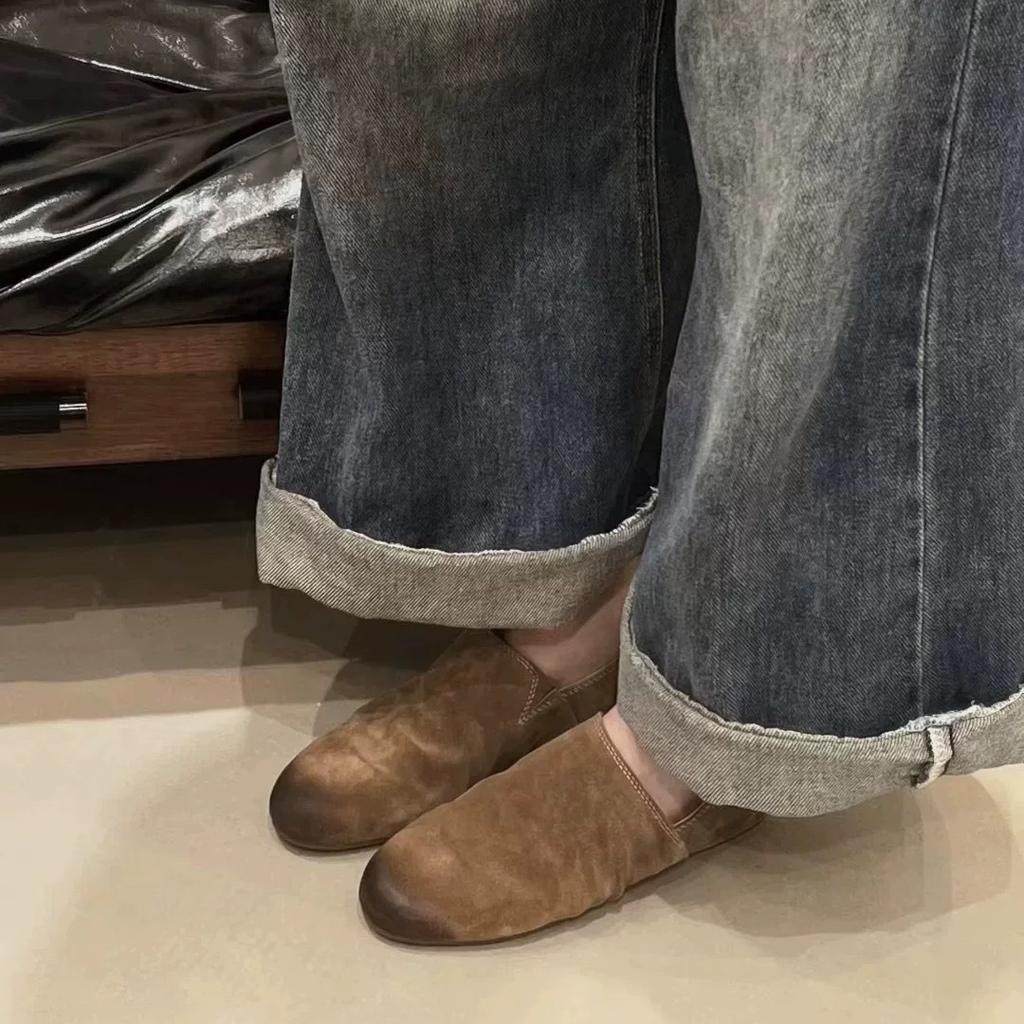 Sheepskin Version~ Retro Niche Matte Polished Color Round Head Deep Mouth Flat Bottom One Pedal Loafers Women's Autumn and Winter Single Shoes