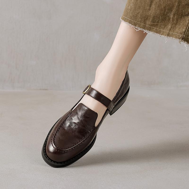 Fashion 2025 New Spring Genuine Leather Women Shoes Round Toe Women Pumps Brogue Designs Shoes for Women Med Heel Loafers Ladies Shoes