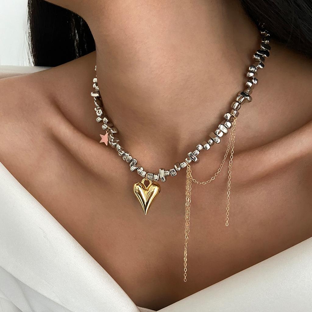 Salircon 2Pcs/set HipHop Irregular CCB Beads Chain Necklace Women Vintage Gold Color Heart Pendant Necklace Jewelry Holiday Gift