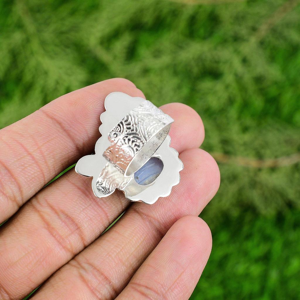 Mothers day Deal 925 Silver Oval Natural Blue Lace Agate Solitaire Ring Jewelry