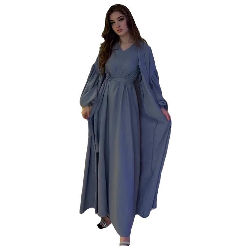 Autumn 2024 European & American Solid Color V-Neck Tie Waist Slim Long Robe Dress Set