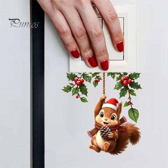 Festive Home Decor Christmas Squirrel Switch Sticker, Decorative Wall Decal for Light And Socket Room Accessory Panels, Removable PVC Art Bedroom