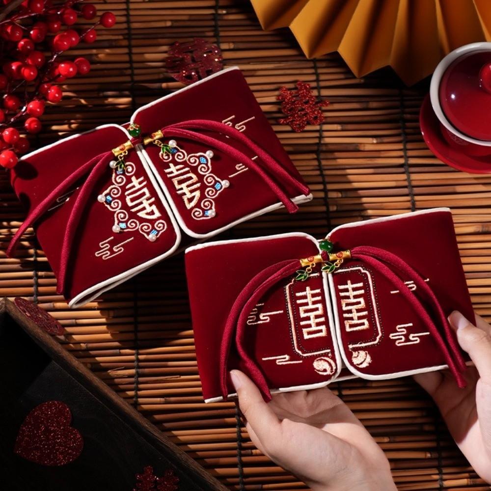 Embroidery Design Red Envelope Velvet Cloth Wedding Envelope Best Wishes Envelope  Anniversary