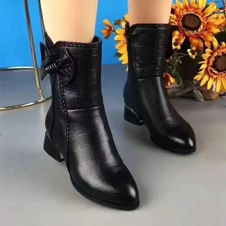 Soft leather short boots winter new velvet warm medium boots thick heel soft sole pointed fashion boots