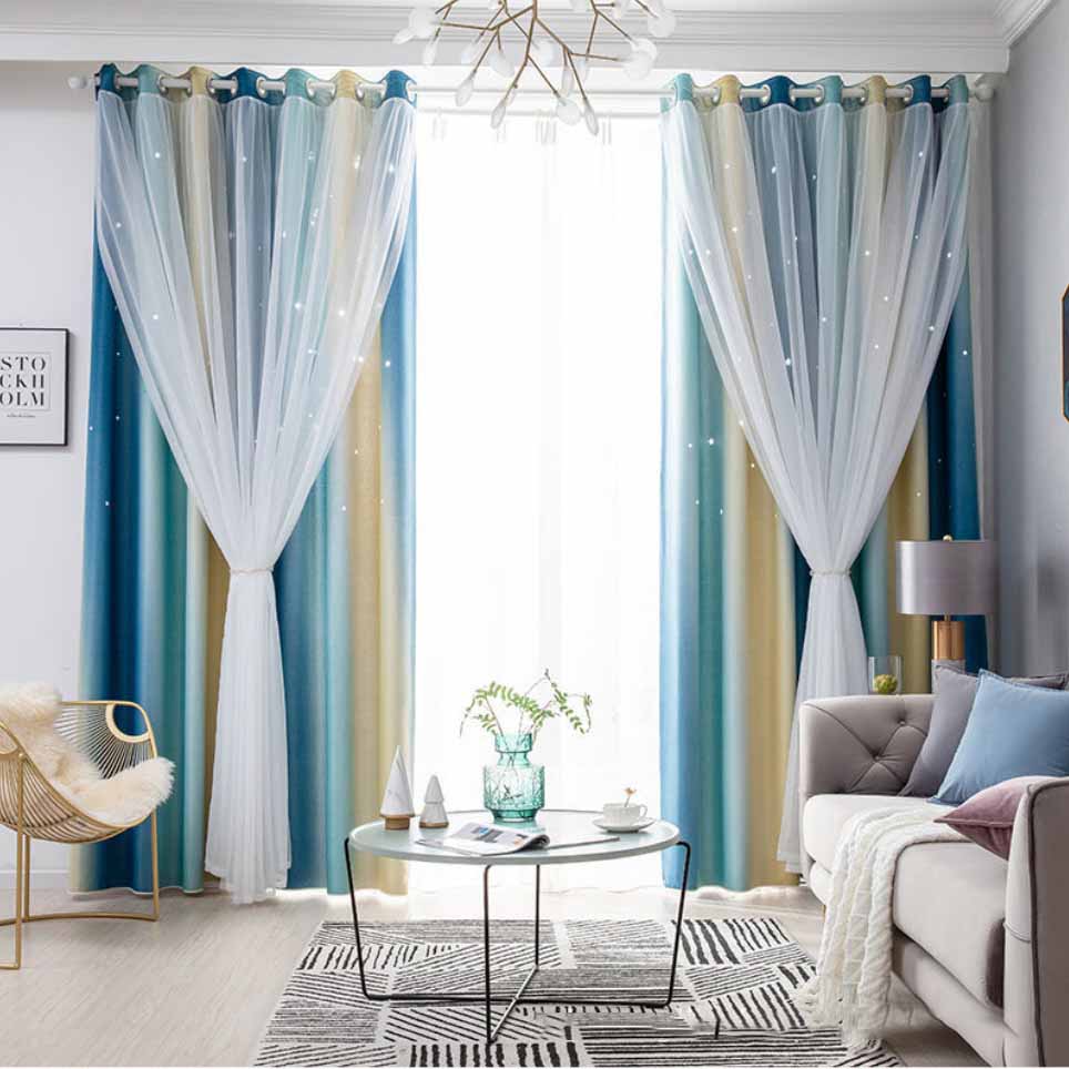 Gradient Striped Blackout Curtains Dual-Layer Sheer & Fabric Grommet Top All-in-One Window Drapes Home Decor