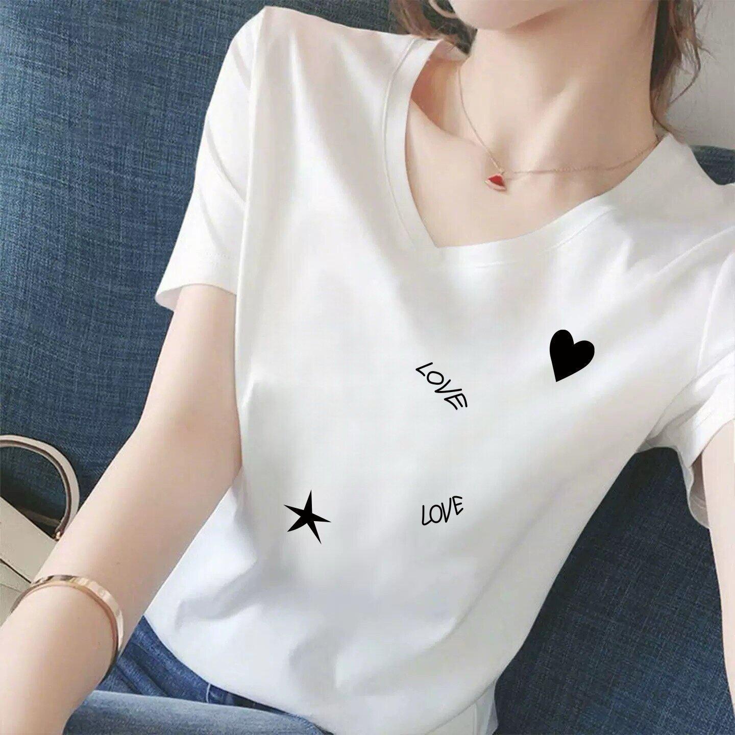 

Women s Popular V-Neck Short-Sleeve Heart & Letter Print T-Shirt, White - Loose, Slimming, Casual Fashion. S