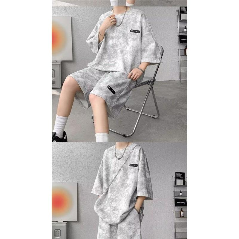 Men's Tie-dye 2PCS Outfit Summer Casual Loose Short Sleeve T-shirt + Shorts Set Streetwear
