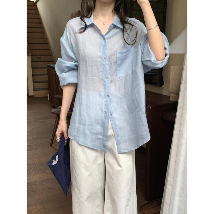 

Spring Summer New Loose Long Sleeve Split Ramie Sunscreen Shirt M небо синє кольору