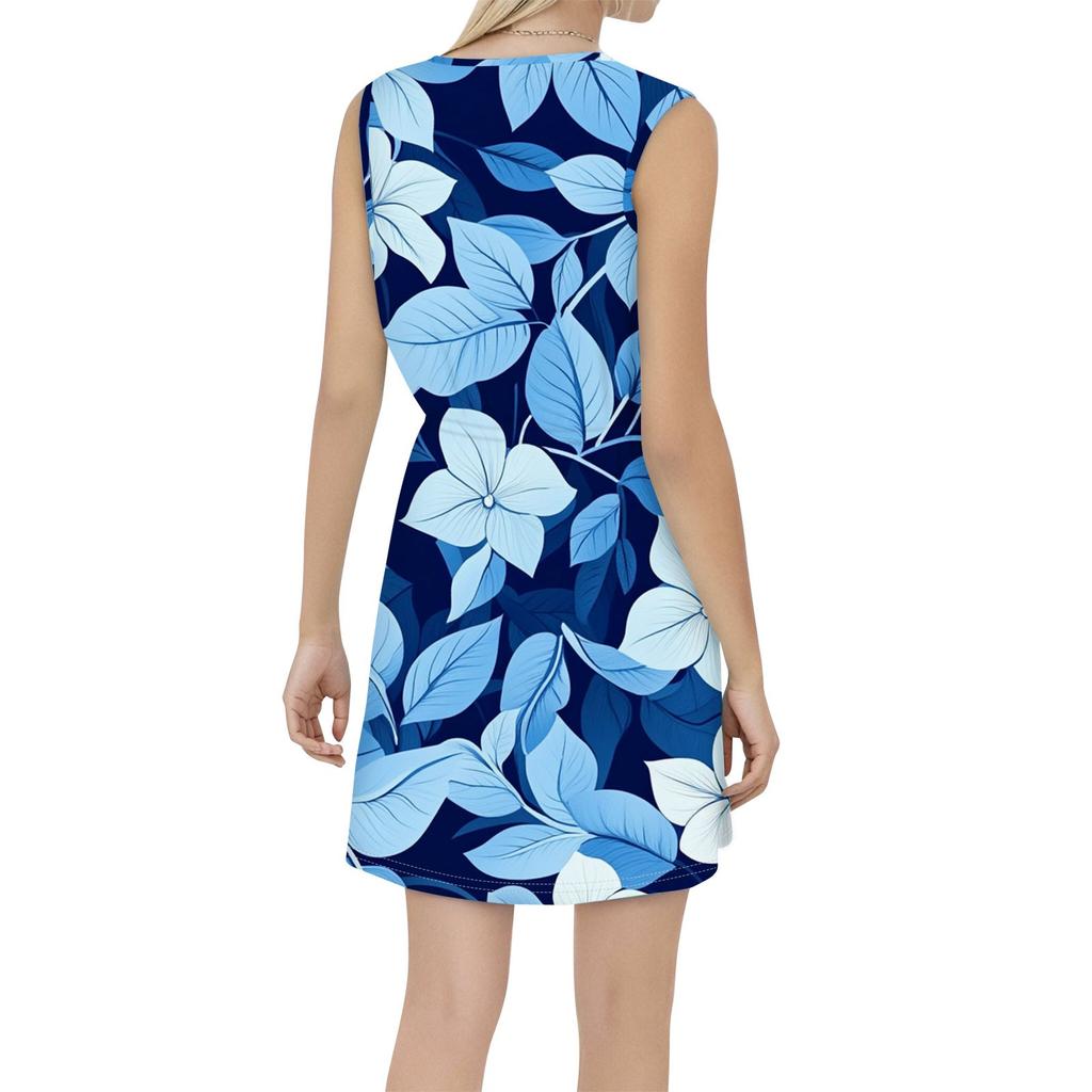 Women's Fashion Sleeveless Round Neck Printed Decorative Button Double Pocket Lace-up Dress
